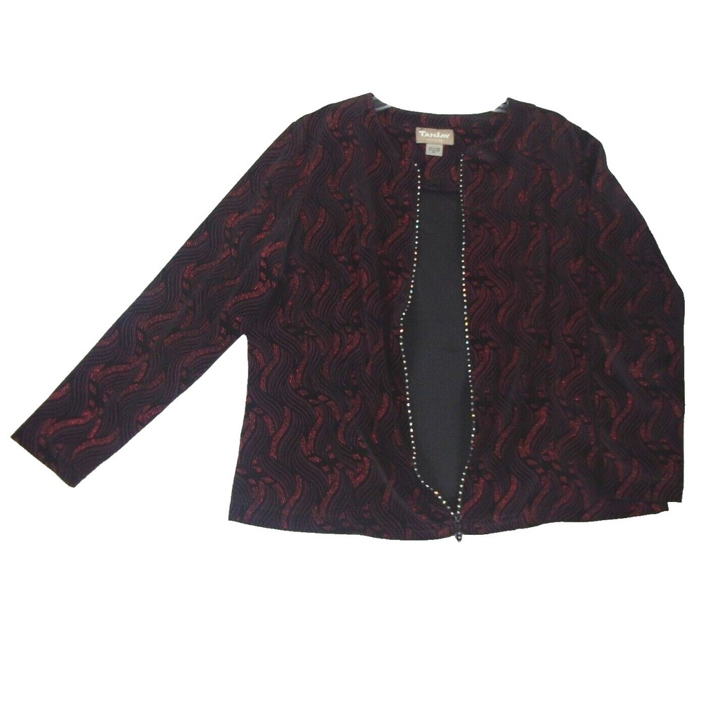 Tan Jay Dressy Evening Cardigan Jacket Velvety Red/Black 3/4 Ruched Sleeves PL